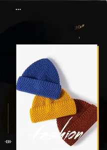 Detailed texture of thick knit beanies in royal blue, ginger, and reddish brown hues