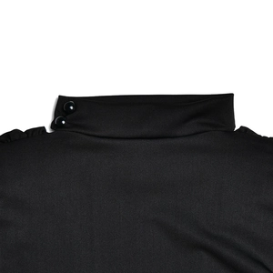 Detail shot of the black v-neck bodysuit with stand collar and two circular buttons