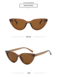 Detailed front and 45-degree side views of retro brown cat-eye sunglasses for women