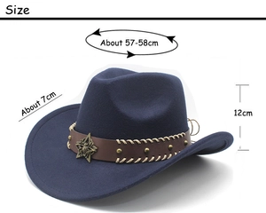 Detail showing western felt hat dimensions with star badge and brown leather band