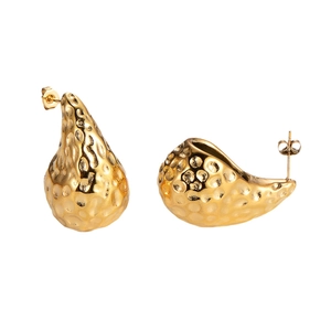 Water drop 18K gold plated stainless steel earrings with textured hammered finish