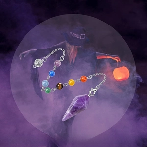 Amethyst crystal pendulum for divination with seven chakra gemstone beads on silver chain