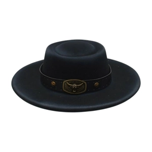 Detail of black wool fedora with leather band and vintage bronze bull head buckle