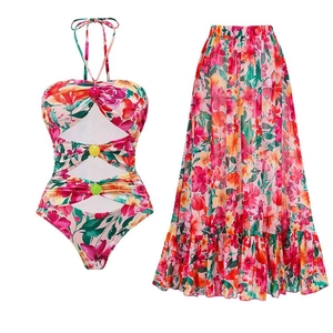 Tropical floral cutout swimsuit set with halter neck and matching chiffon beach skirt