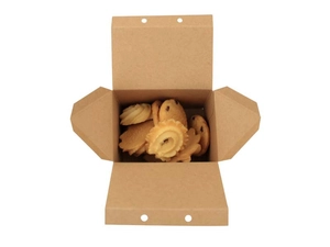 Detail view of foldable brown kraft paper gift box with pre-cut holes and cookies inside