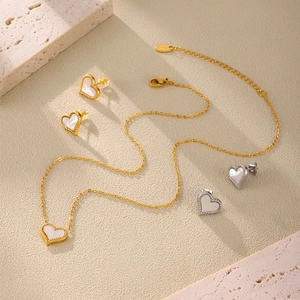 Heart Necklace Earrings Heart Shape Stainless Steel Natural Mother Of Artificial Pearl Beaded Edge Elegant Jewelry For Women