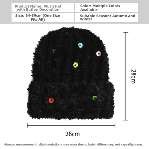 Detailed size chart for the plush knit hat with colorful buttons measuring 28cm by 26cm