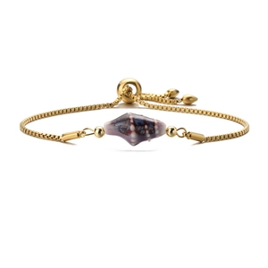 Gold box chain bracelet featuring a purple shell charm and adjustable slider clasp