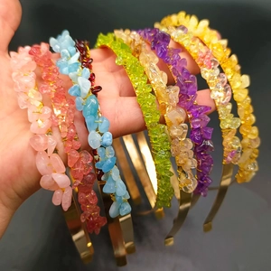 Handmade gold crystal crown headbands with colorful natural raw gemstones for weddings