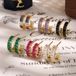 925 silver stud earrings set with colorful square zircon stones and gold finish