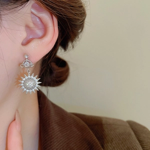 Macro shot of a silver Saturn and sun earring with sparkling zircons on a model ear