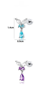 Detailed view of butterfly stud earrings with zircon drops measuring 1.4cm by 0.9cm
