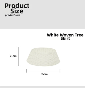 Detailed size chart for white faux rattan Christmas tree skirt with woven texture