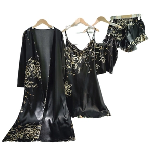 Ensemble de pyjama 5 pièces en satin noir avec imprimé cerise, robe et short léger