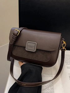 Women Crossbody Bag Vintage PU Leather Suede Patchwork Elegant Shoulder Bag Retro Flap Square Bag Adjustable Strap