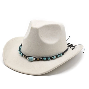 White faux suede western cowboy hat featuring turquoise beads and ethnic woven band