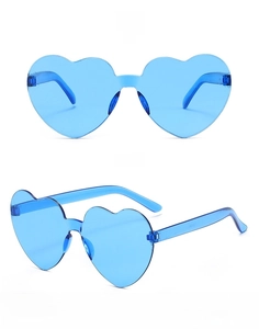 Close-up of blue heart-shaped rimless sunglasses showing front and 45-degree angles