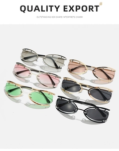 Macro shot of six assorted Y2K frameless sunglasses in various gradient lens colors