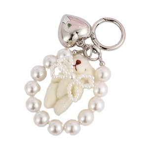 Cute beige plush bunny keychain with pearl bow, heart pendant and silver snap hook