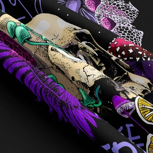 Close-up of mushroom skull tapestry fabric showing intricate woven texture and vivid colors