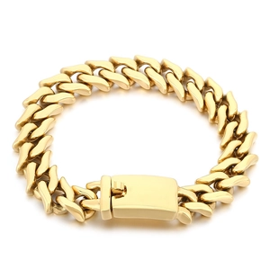 Polished 15mm wide stainless steel cuban link bracelet for men in golden finish