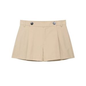 Khaki high waist pleated shorts with belt loops and decorative black buttons