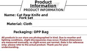 Detailed specifications of the cat paw shaped cutlery set with fabric material and size info