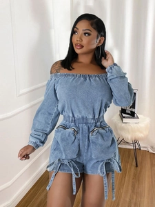 Off Shoulder Denim Romper For Women Long Sleeve Washed Jumpsuit Elastic Waist Multi Pocket Streetwear Fashion