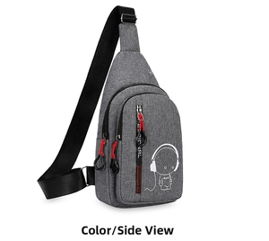 Detailed macro view of the grey fabric texture and astronaut graphic on the sling bag