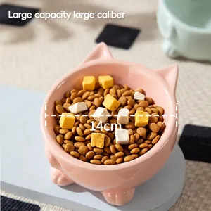 Pink ceramic cat ear bowl with 14cm wide diameter and elevated base for neck protection