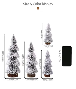 Size chart showing mini frosted cedar Christmas trees ranging from 16cm to 32cm height