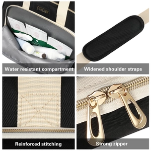 Detail view of gym bag showing waterproof pocket, metal zippers, and padded shoulder strap