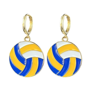 Orecchini a cerchio volleyball dorati con smalto blu, giallo e bianco per donne sportive