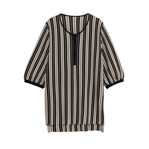 Women's vertical striped knit top with half-sleeves and buttoned round neckline