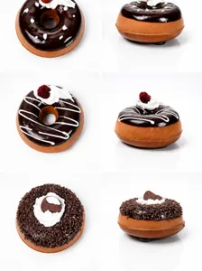 Detailed views of PU artificial donuts featuring chocolate glaze and realistic textures