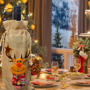 Christmas burlap wine bottle cover featuring a 3D reindeer design for festive table decor