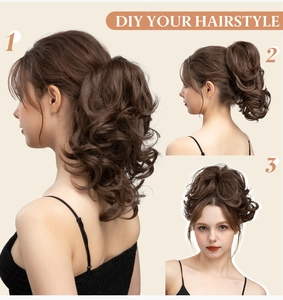 Three-way view of brown wavy claw clip hair extension showing DIY ponytail styles