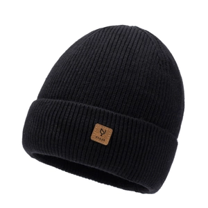 Classic black ribbed knit beanie with brown leather logo patch for winter warmth