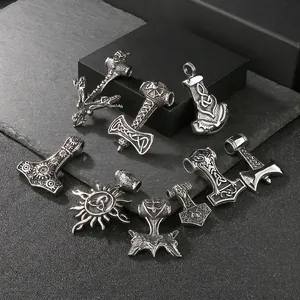 Viking Thor's Hammer Pendant Stainless Steel Mjolnir Wolf Head Celtic Knot Vintage Punk Jewelry For Men