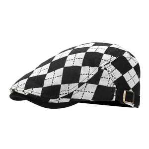 Classic black and white checkered ivy cap with side metal buckle and woven texture