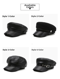 Selection of four styles of black PU leather baker boy and newsboy hats for women