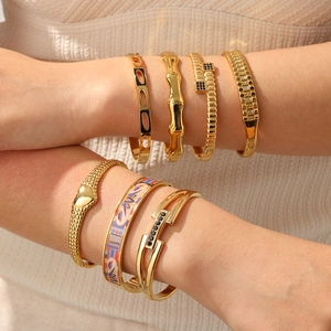 Bracelet Jonc En Acier Inoxydable Plaque Or Pour Femmes Coeur Bambou Email Zircone Bijoux