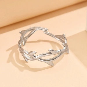 Elegant silver twig thorn stainless steel open ring with artistic branch texture for women