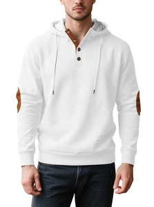 Detail of white men's hoodie with brown elbow patches and jacquard texture