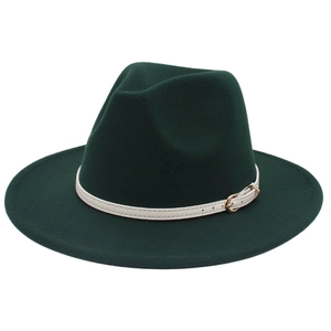 Detail of dark green wool felt jazz hat with a white leather belt and gold buckle