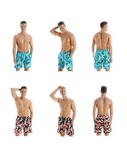 Detailed views of men's tropical print beach shorts in two colors with white drawstrings