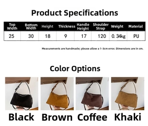 Detailed size chart and multi-color options for vintage suede tote shoulder bag