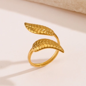 18K gold plated stainless steel leaf ring with an adjustable open design for women
