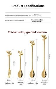 Detailed size specifications for golden leaf handle stainless steel spoon and fork set