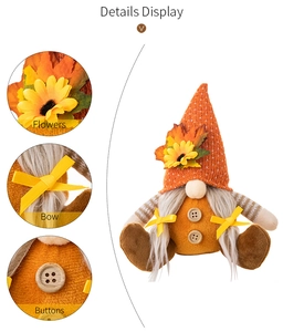 Detail view of plush gnome showing knitted hat with sunflower, bow, and wooden buttons